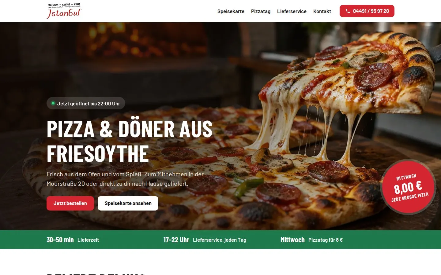 Startseite von Istanbul in Friesoythe mit großem Pizzafoto, Lieferzeit und Mittwochs-Angebot