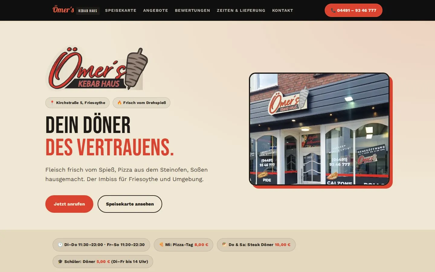 Startseite von Ömer's Kebab Haus mit Logo, Fassadenfoto, Anruf-Button und Öffnungszeiten