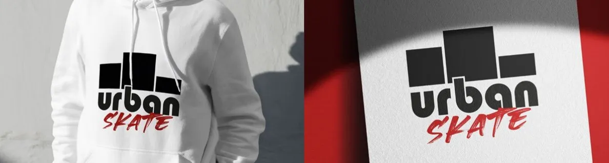 Das Urban-Skate-Logo auf einem weißen Hoodie
